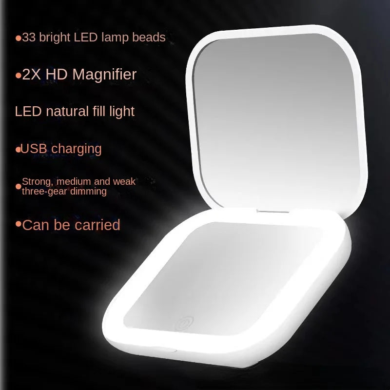 Mini espelho de maquiagem portátil dobrável com luzes LED